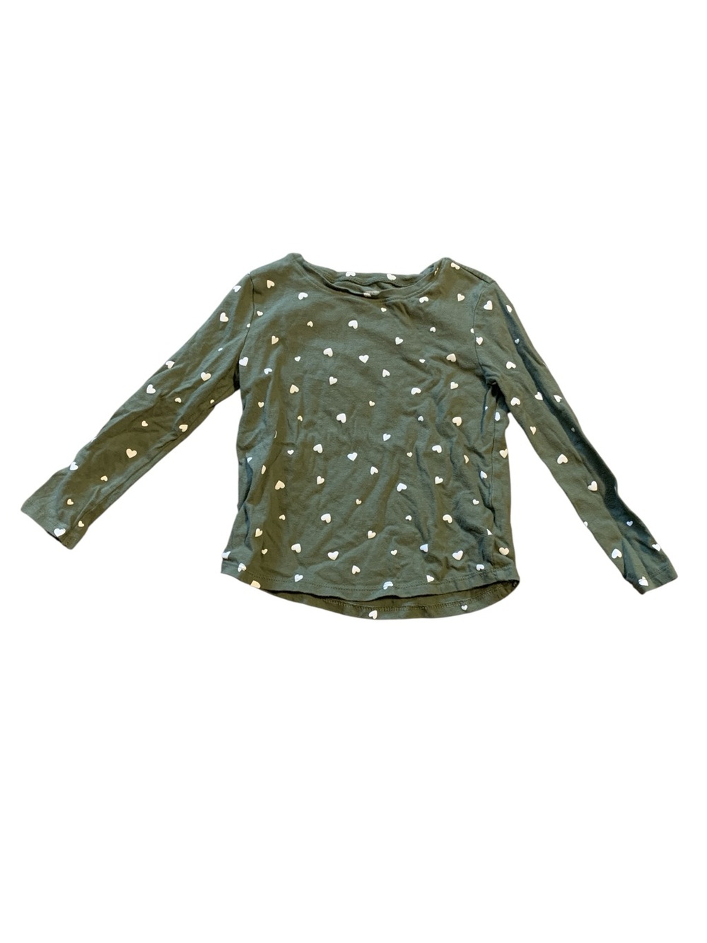 Old Navy Olive Green Long Sleeve Toddler Shirt with White Hearts size 5T Girl